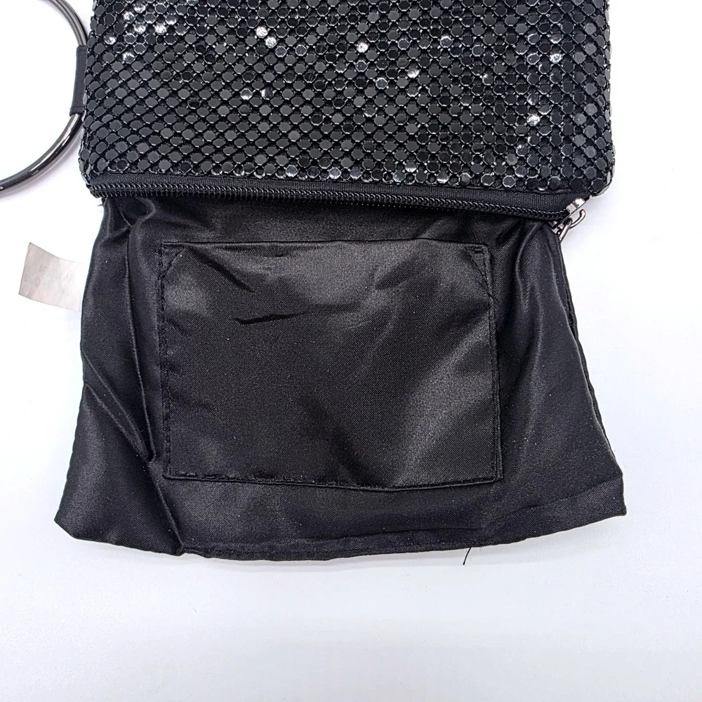 Black Metal Mesh Ring Handle Wristlet Clutch Evening Bag Zipper Closure